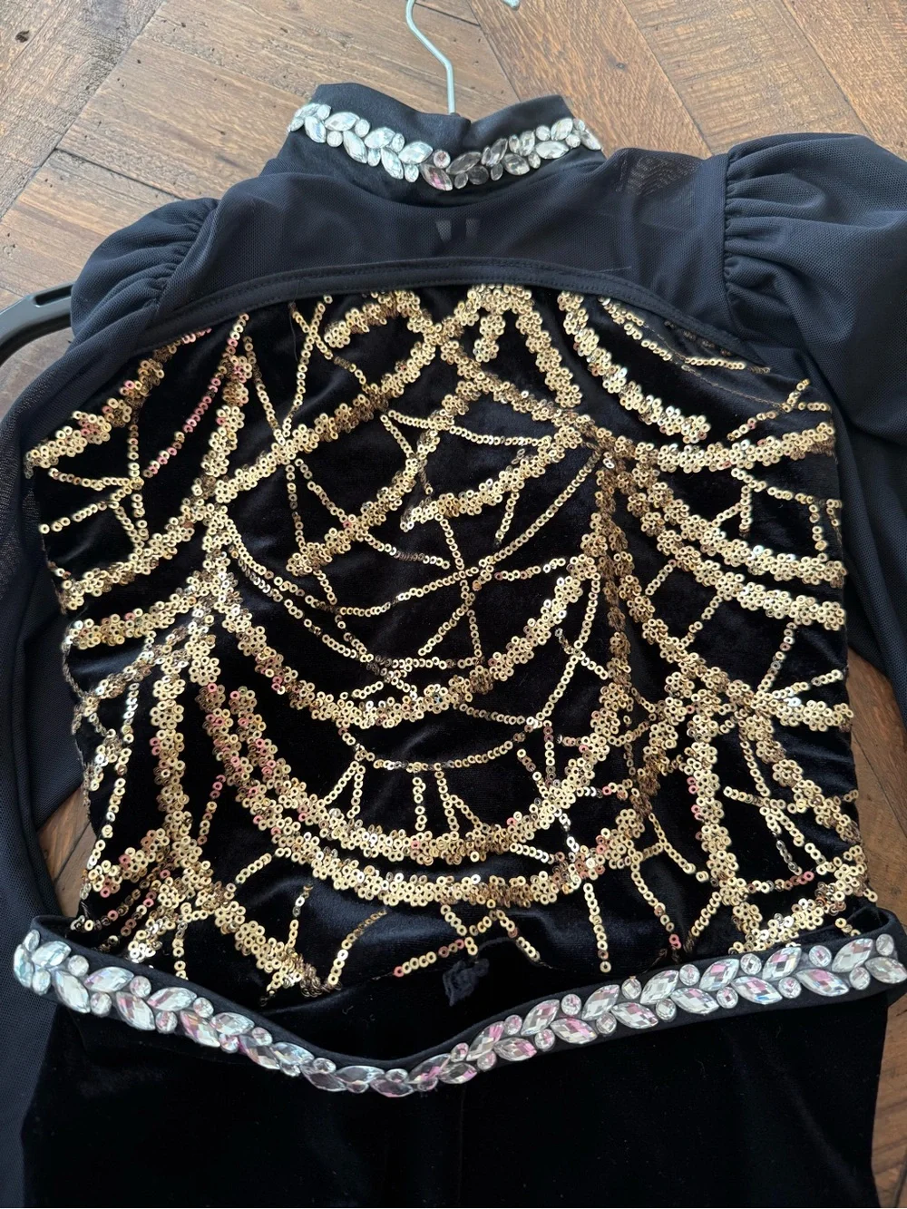 Weissman Black Velvet Performance Dress with Gold Sequin Accents